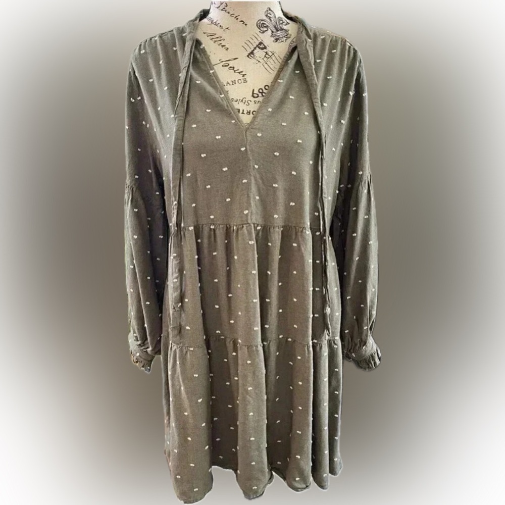 Zara Olive Mini Dress with Long Sleeves and Tie Neck